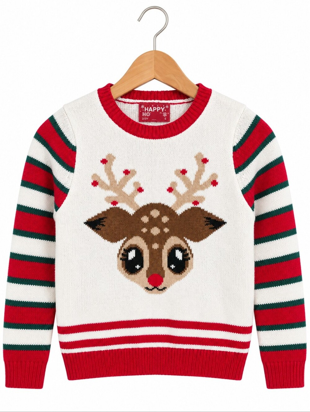 Happy Holidays Girls Reindeer Christmas Sweater Size 7/8 Red Green White